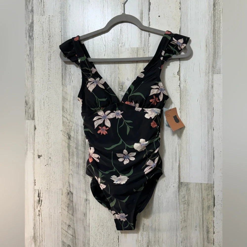 Shade & Shore Black Whit Green One Piece Swimsuit Floral V-Neckline NWT XS